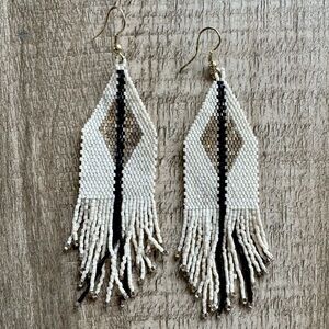 INK+ALLOY Seed Bead Earrings + Beaded Fringe. Gold, Black + Ivory